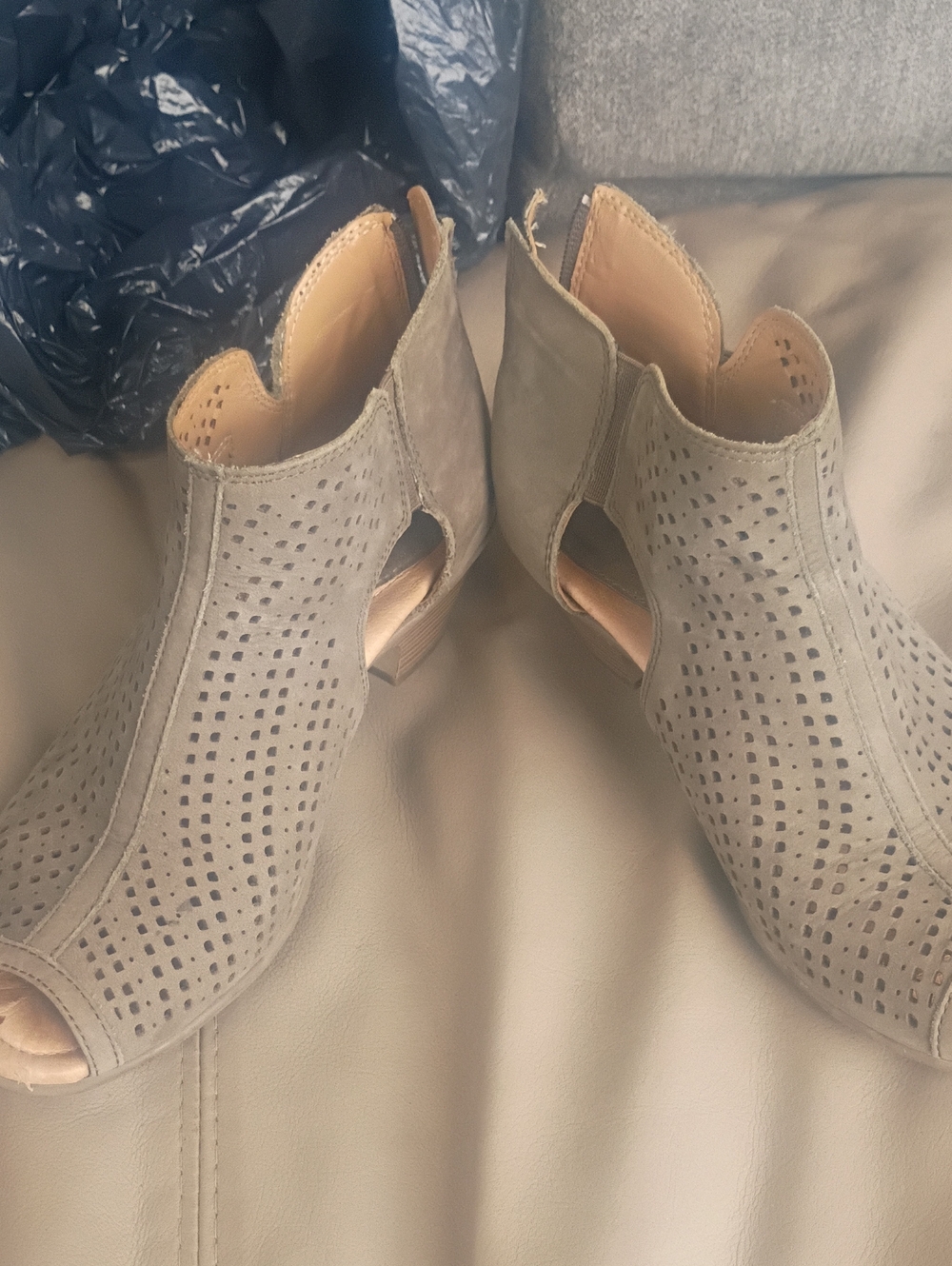 Earth Women's Taupe Perforated Peep-Toe Booties